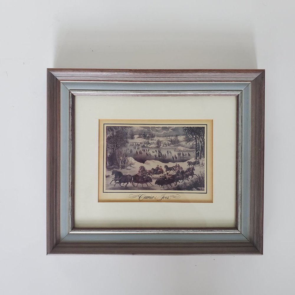 Vtg CURRIER & IVES Framed Print New York CENTRAL PARK IN WINTER Scene Horses